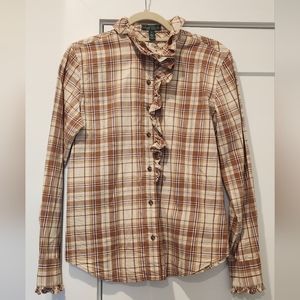 EUC LRL Lauren Jeans Co. by Ralph Lauren Ruffle Trim Plaid Cotton Shirt